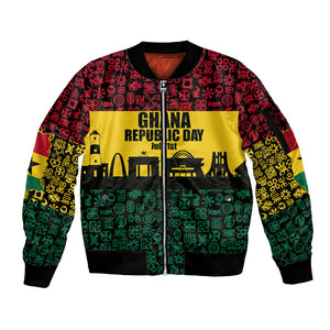 Personalized Ghana Republic Day Sleeve Zip Bomber Jacket Adinkra Pattern Heritage Silhouette African Culture Art