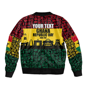 Personalized Ghana Republic Day Sleeve Zip Bomber Jacket Adinkra Pattern Heritage Silhouette African Culture Art