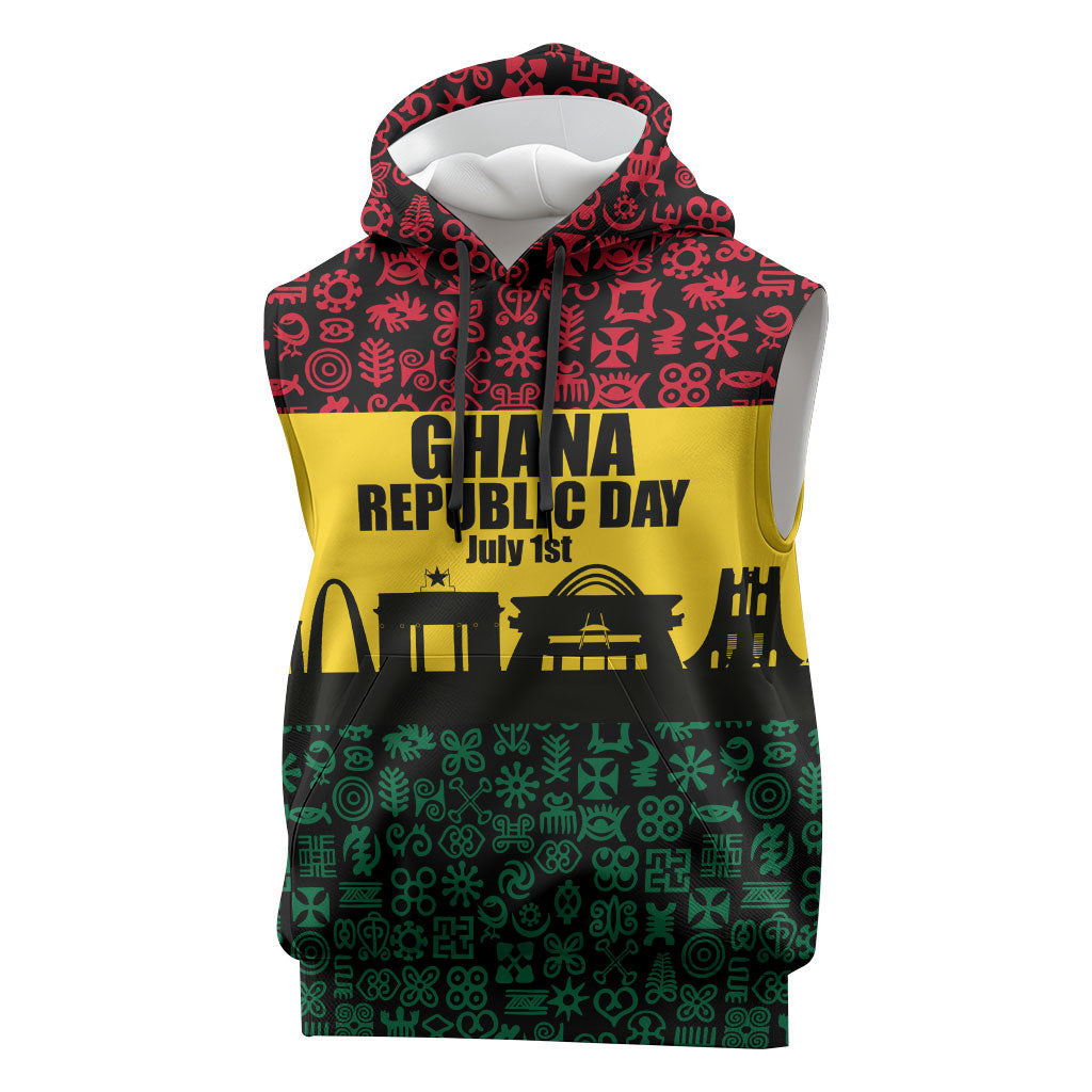 Personalized Ghana Republic Day Sleeveless Hoodie Adinkra Pattern Heritage Silhouette African Culture Art