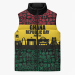 Personalized Ghana Republic Day Sleeveless Puffer Jacket Adinkra Pattern Heritage Silhouette African Culture Art