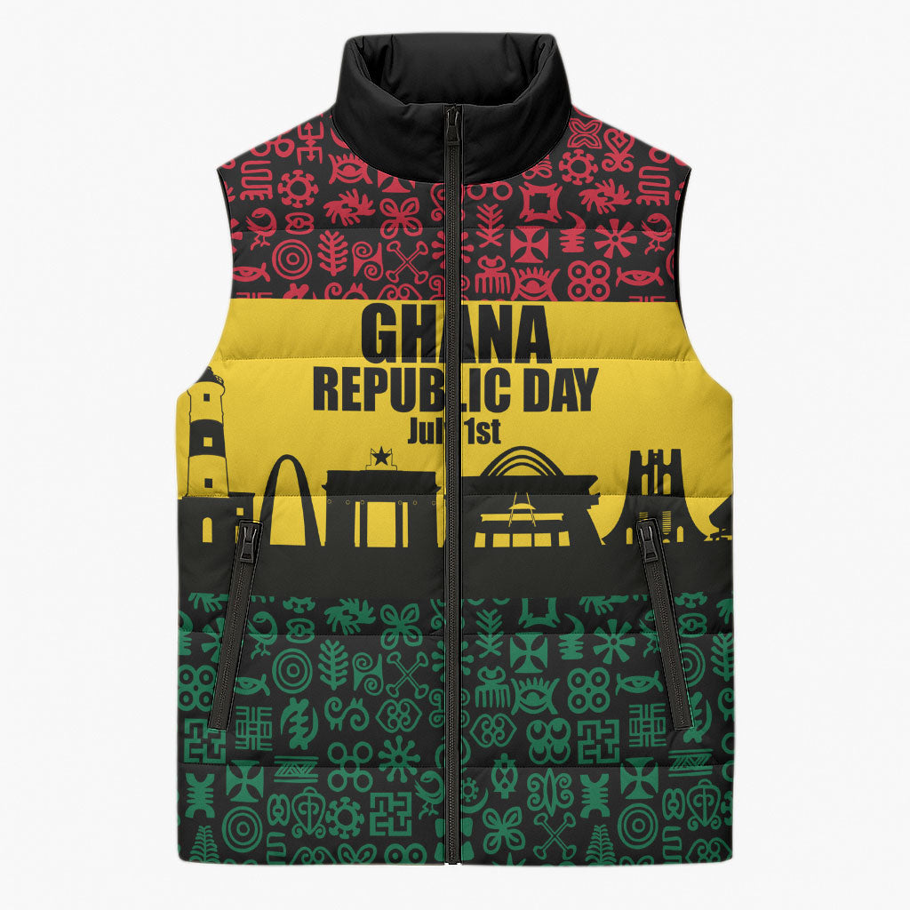 Personalized Ghana Republic Day Sleeveless Puffer Jacket Adinkra Pattern Heritage Silhouette African Culture Art