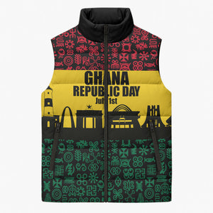 Personalized Ghana Republic Day Sleeveless Puffer Jacket Adinkra Pattern Heritage Silhouette African Culture Art