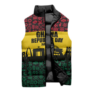 Personalized Ghana Republic Day Sleeveless Puffer Jacket Adinkra Pattern Heritage Silhouette African Culture Art