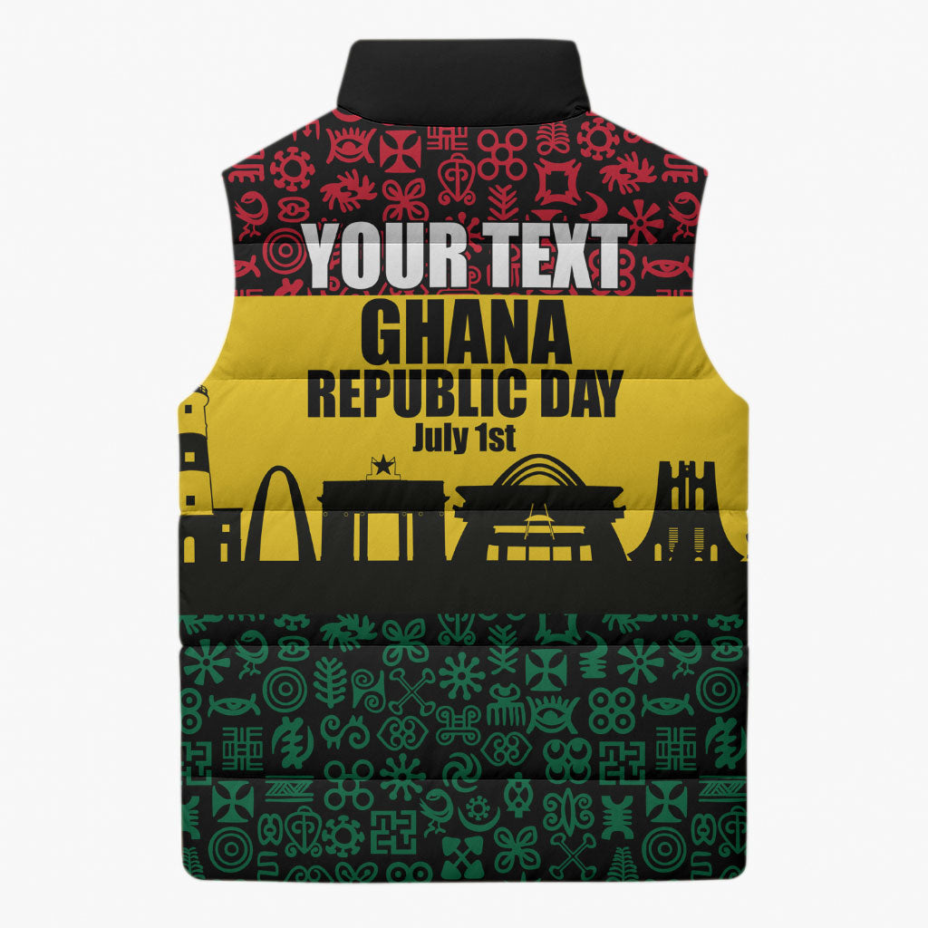 Personalized Ghana Republic Day Sleeveless Puffer Jacket Adinkra Pattern Heritage Silhouette African Culture Art
