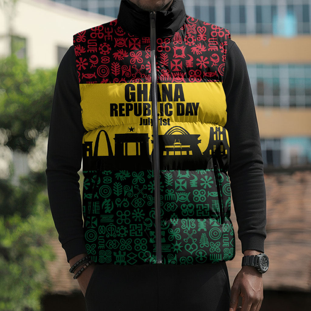 Personalized Ghana Republic Day Sleeveless Puffer Jacket Adinkra Pattern Heritage Silhouette African Culture Art