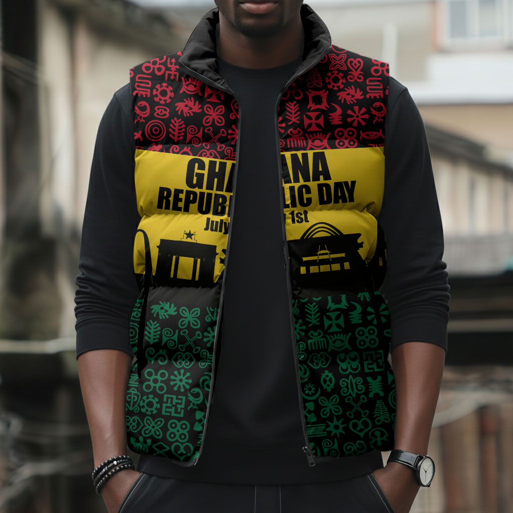 Personalized Ghana Republic Day Sleeveless Puffer Jacket Adinkra Pattern Heritage Silhouette African Culture Art