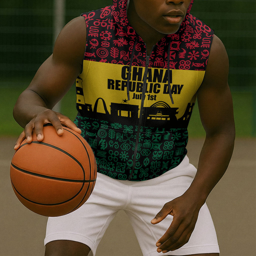 Personalized Ghana Republic Day Sleeveless Zip Hoodie Adinkra Pattern Heritage Silhouette African Culture Art