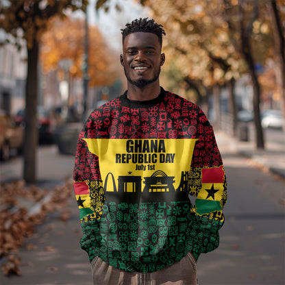 Personalized Ghana Republic Day Sweatshirt Adinkra Pattern Heritage Silhouette African Culture Art