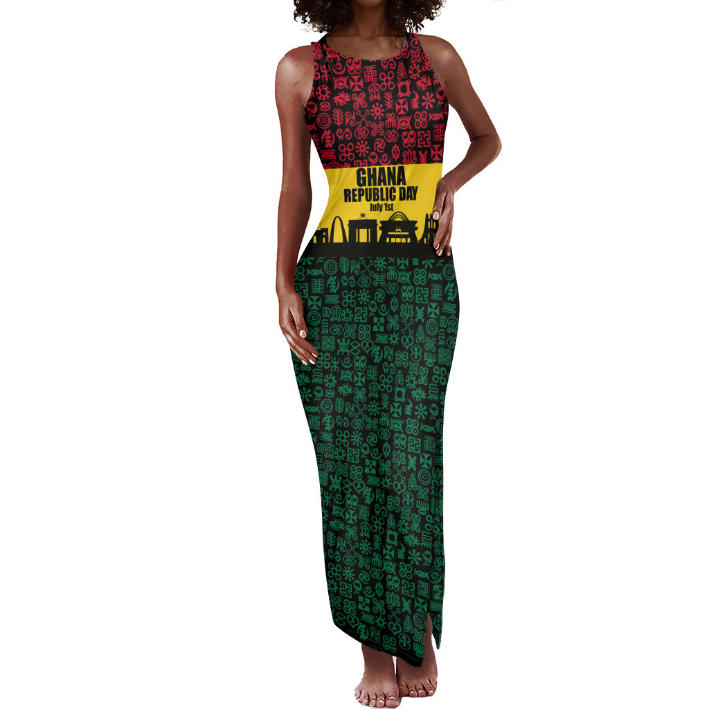 Personalized Ghana Republic Day Tank Maxi Dress Adinkra Pattern Heritage Silhouette African Culture Art