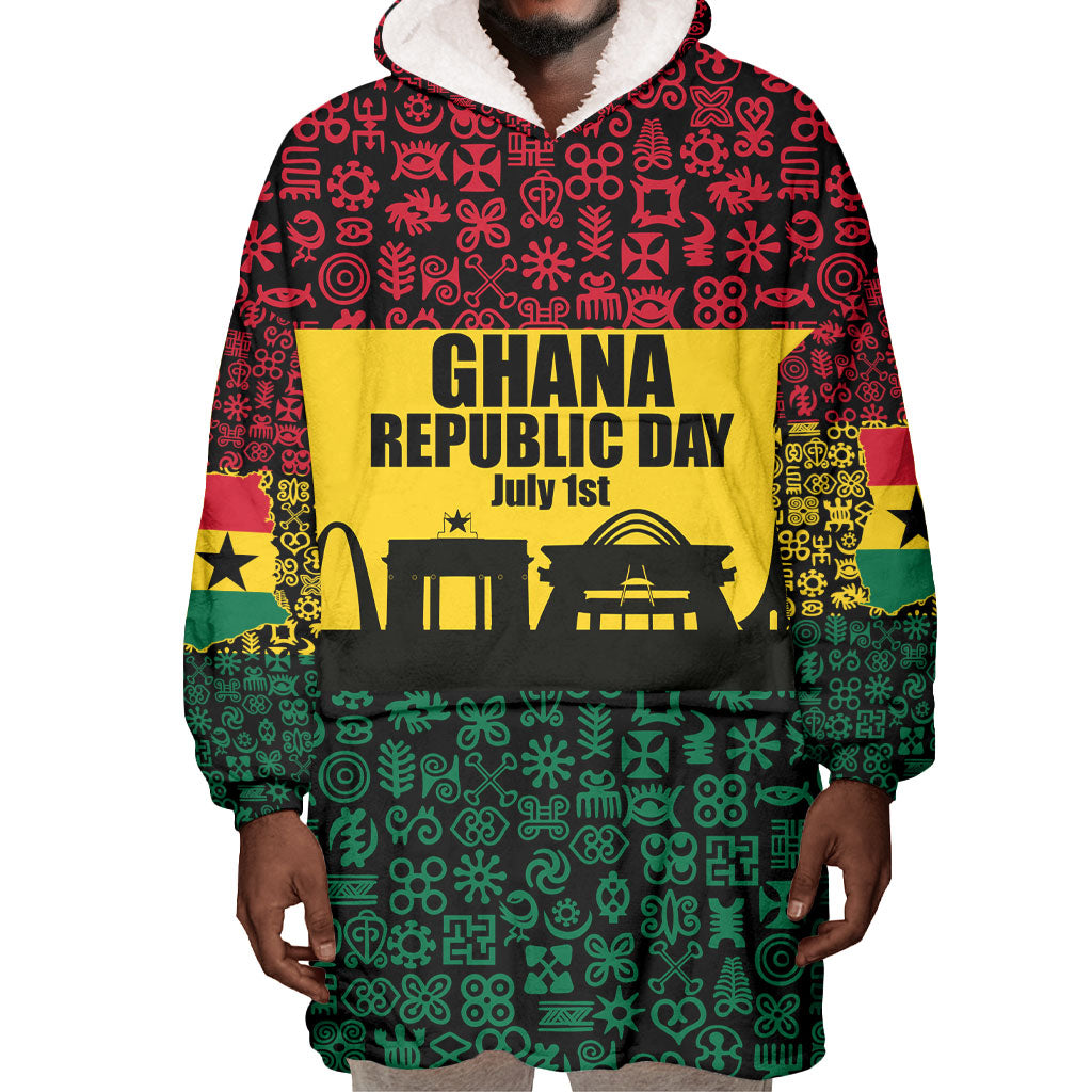 Personalized Ghana Republic Day Wearable Blanket Hoodie Adinkra Pattern Heritage Silhouette African Culture Art