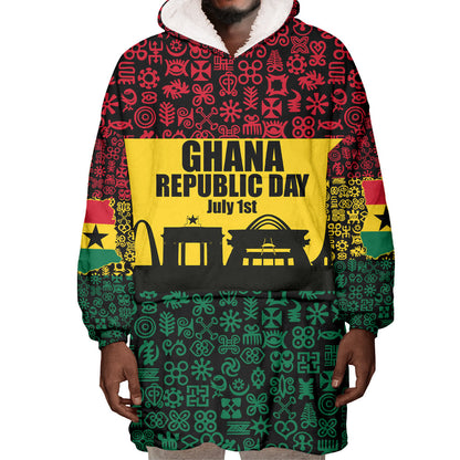 Personalized Ghana Republic Day Wearable Blanket Hoodie Adinkra Pattern Heritage Silhouette African Culture Art