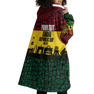 Personalized Ghana Republic Day Wearable Blanket Hoodie Adinkra Pattern Heritage Silhouette African Culture Art