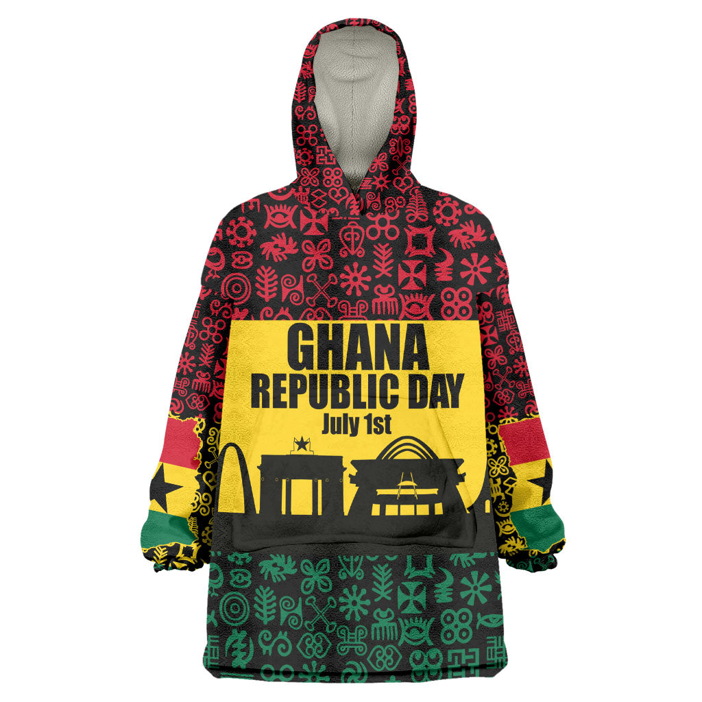 Personalized Ghana Republic Day Wearable Blanket Hoodie Adinkra Pattern Heritage Silhouette African Culture Art