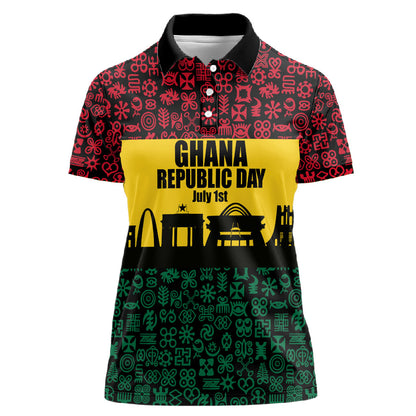Personalized Ghana Republic Day Women Polo Shirt Adinkra Pattern Heritage Silhouette African Culture Art