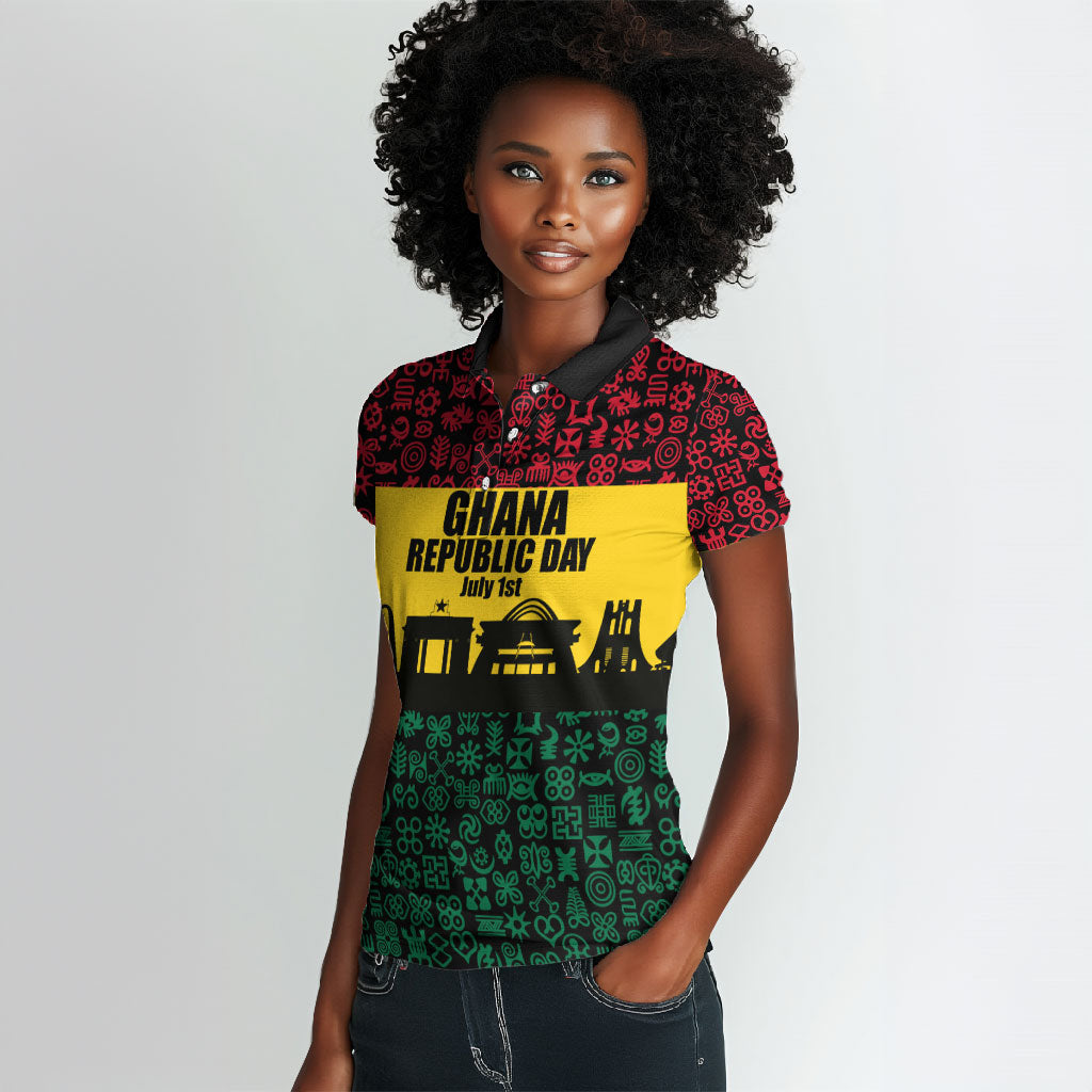 Personalized Ghana Republic Day Women Polo Shirt Adinkra Pattern Heritage Silhouette African Culture Art