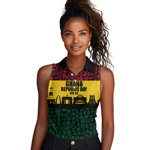Personalized Ghana Republic Day Women Sleeveless Polo Shirt Adinkra Pattern Heritage Silhouette African Culture Art