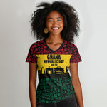 Personalized Ghana Republic Day Women V-Neck T-Shirt Adinkra Pattern Heritage Silhouette African Culture Art