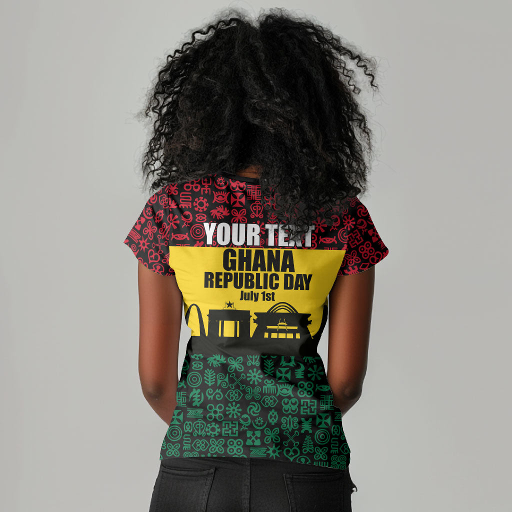 Personalized Ghana Republic Day Women V-Neck T-Shirt Adinkra Pattern Heritage Silhouette African Culture Art