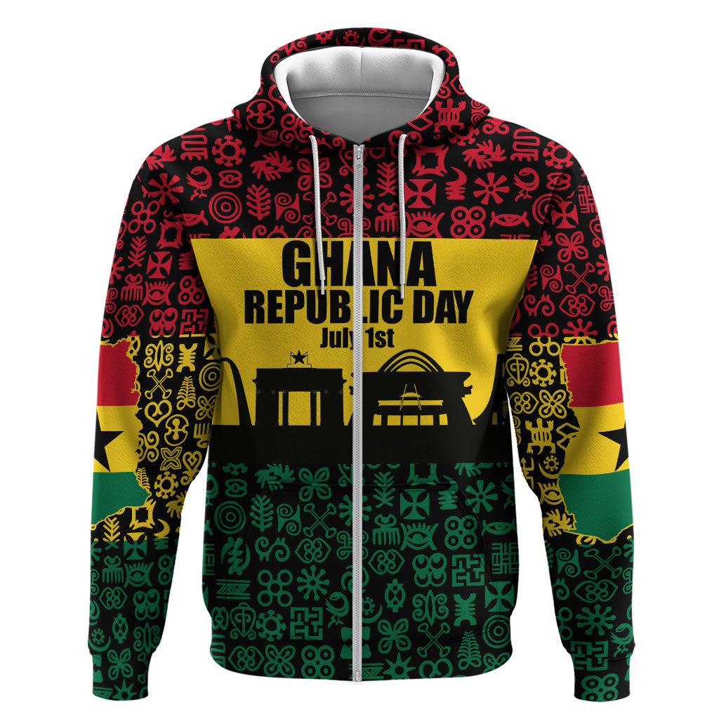 Personalized Ghana Republic Day Zip Hoodie Adinkra Pattern Heritage Silhouette African Culture Art