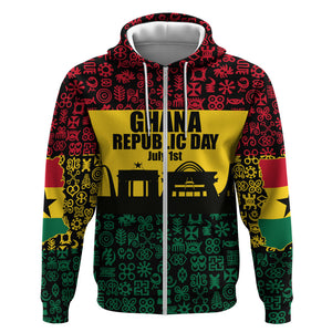 Personalized Ghana Republic Day Zip Hoodie Adinkra Pattern Heritage Silhouette African Culture Art
