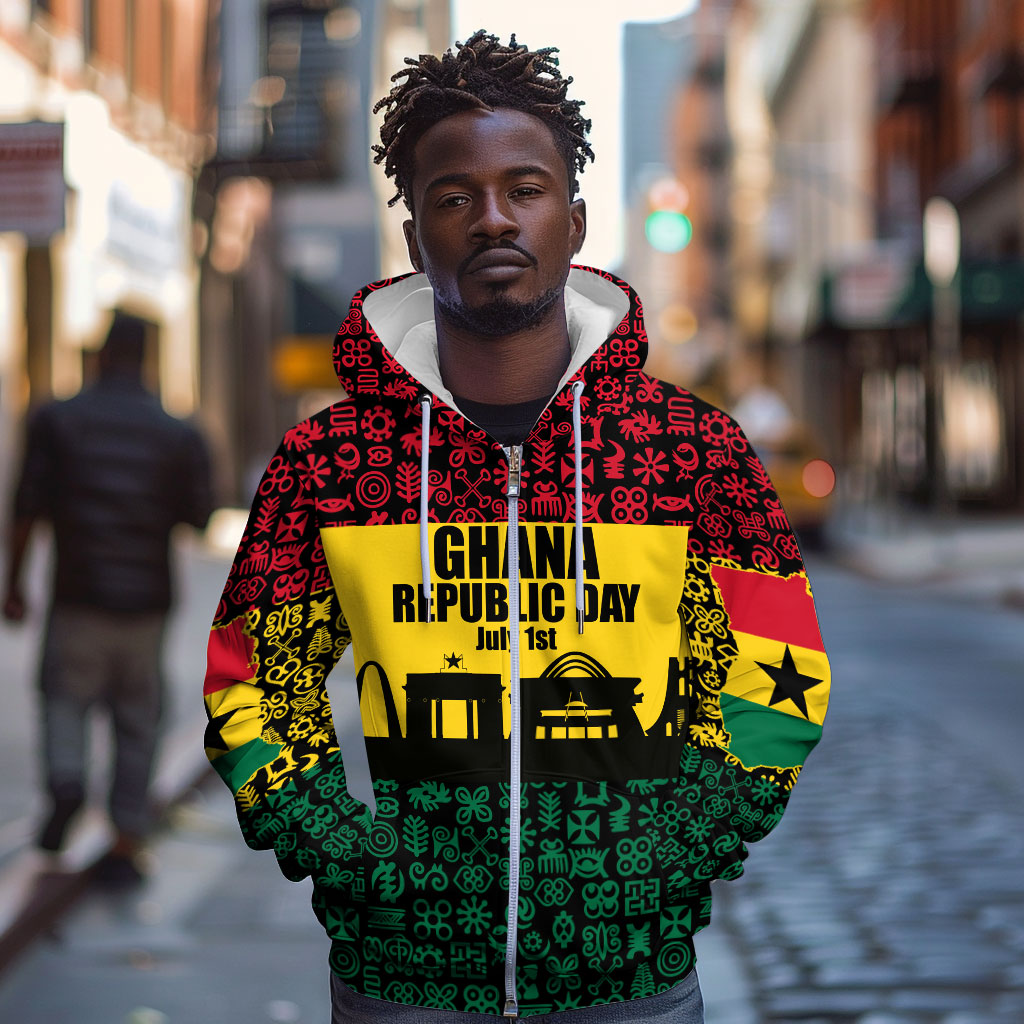Personalized Ghana Republic Day Zip Hoodie Adinkra Pattern Heritage Silhouette African Culture Art