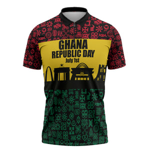 Personalized Ghana Republic Day Zipper Polo Shirt Adinkra Pattern Heritage Silhouette African Culture Art