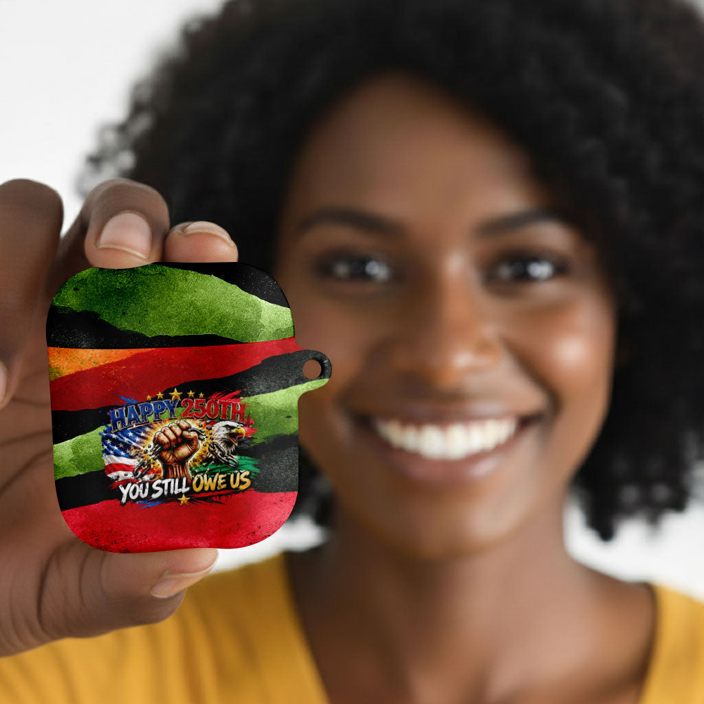 Happy 250th You Still Owe Us Black Pride AirPods Case Pan African Flag Broken Chains - Statue Of Liberty