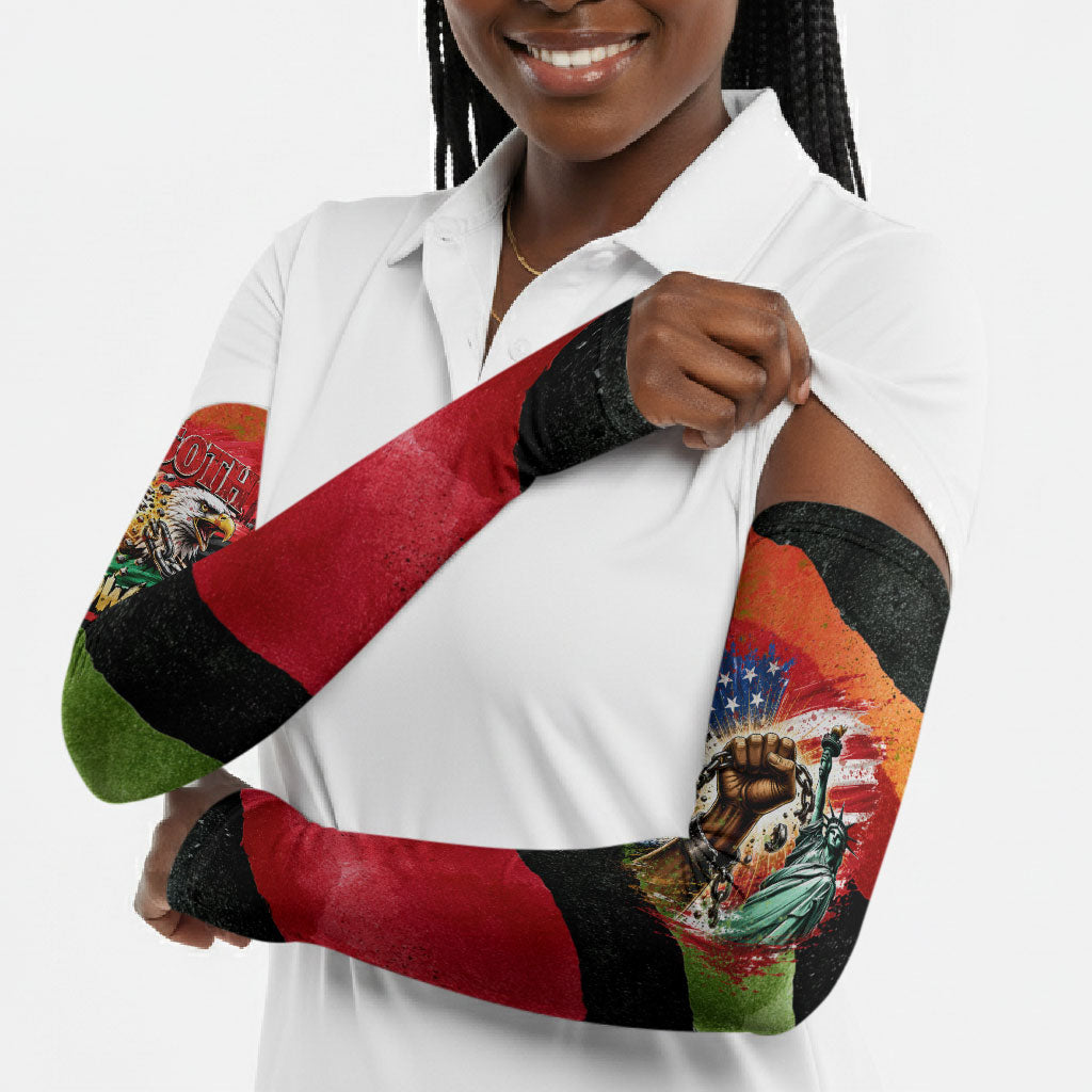 Happy 250th You Still Owe Us Black Pride Arm Sleeves Pan African Flag Broken Chains - Statue Of Liberty