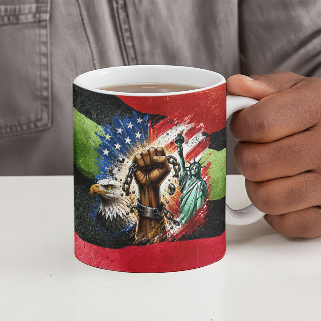 Happy 250th You Still Owe Us Black Pride Ceramic Mug Pan African Flag Broken Chains - Statue Of Liberty