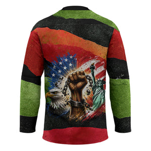 Happy 250th You Still Owe Us Black Pride Hockey Jersey Pan African Flag Broken Chains - Statue Of Liberty