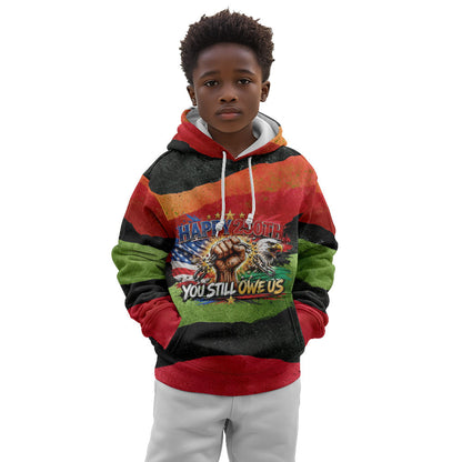 Happy 250th You Still Owe Us Black Pride Kid Hoodie Pan African Flag Broken Chains - Statue Of Liberty