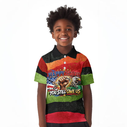 Happy 250th You Still Owe Us Black Pride Kid Polo Shirt Pan African Flag Broken Chains - Statue Of Liberty