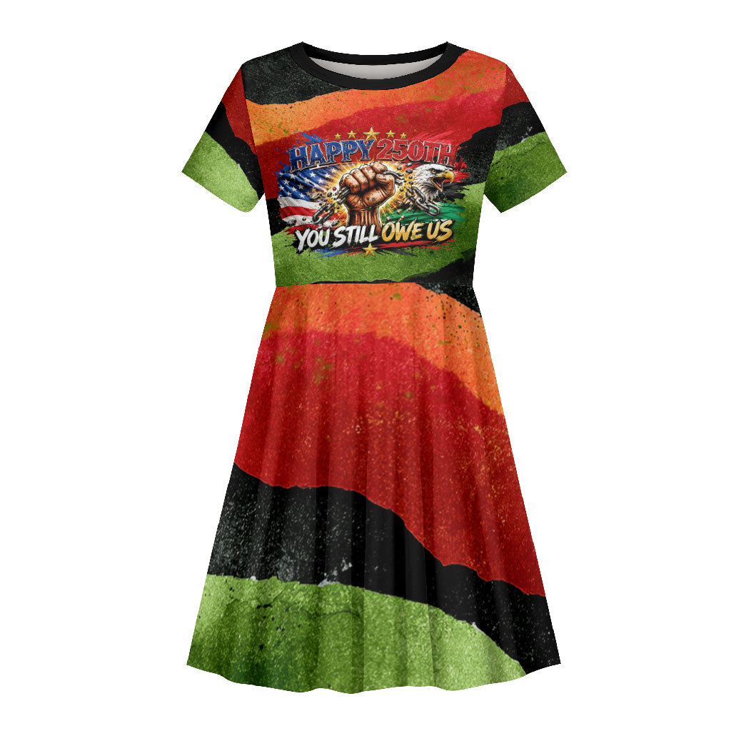 Happy 250th You Still Owe Us Black Pride Kid Short Sleeve Dress Pan African Flag Broken Chains - Statue Of Liberty