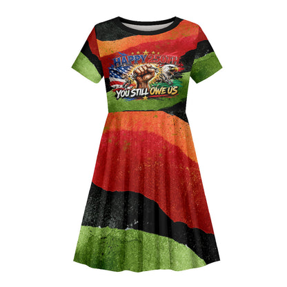 Happy 250th You Still Owe Us Black Pride Kid Short Sleeve Dress Pan African Flag Broken Chains - Statue Of Liberty