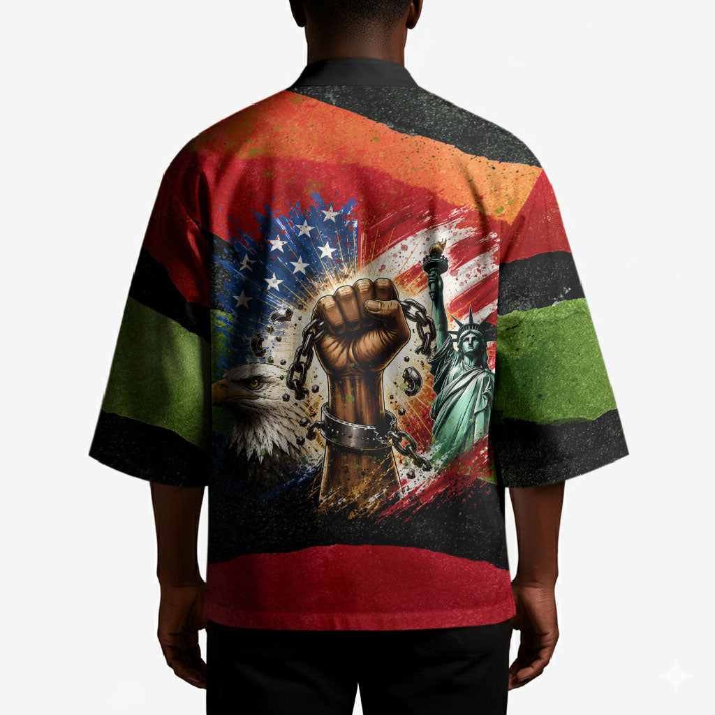 Happy 250th You Still Owe Us Black Pride Kimono Pan African Flag Broken Chains - Statue Of Liberty