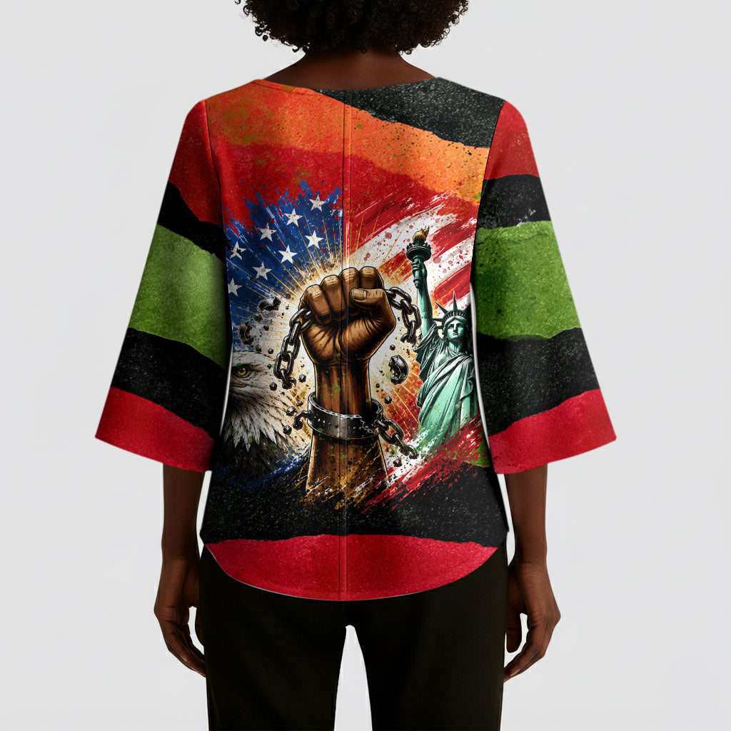 Happy 250th You Still Owe Us Black Pride Kimono Sleeve Blouse Pan African Flag Broken Chains - Statue Of Liberty