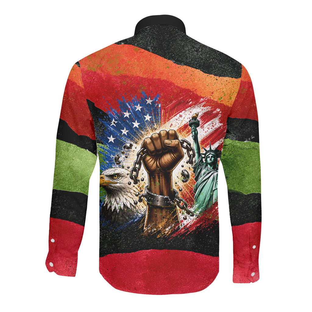 Happy 250th You Still Owe Us Black Pride Long Sleeve Button Shirt Pan African Flag Broken Chains - Statue Of Liberty