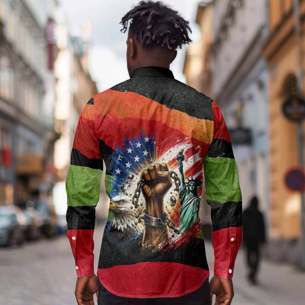 Happy 250th You Still Owe Us Black Pride Long Sleeve Button Shirt Pan African Flag Broken Chains - Statue Of Liberty