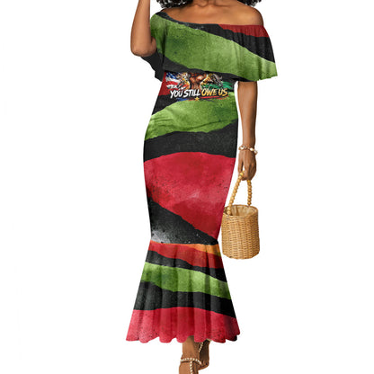 Happy 250th You Still Owe Us Black Pride Mermaid Dress Pan African Flag Broken Chains - Statue Of Liberty