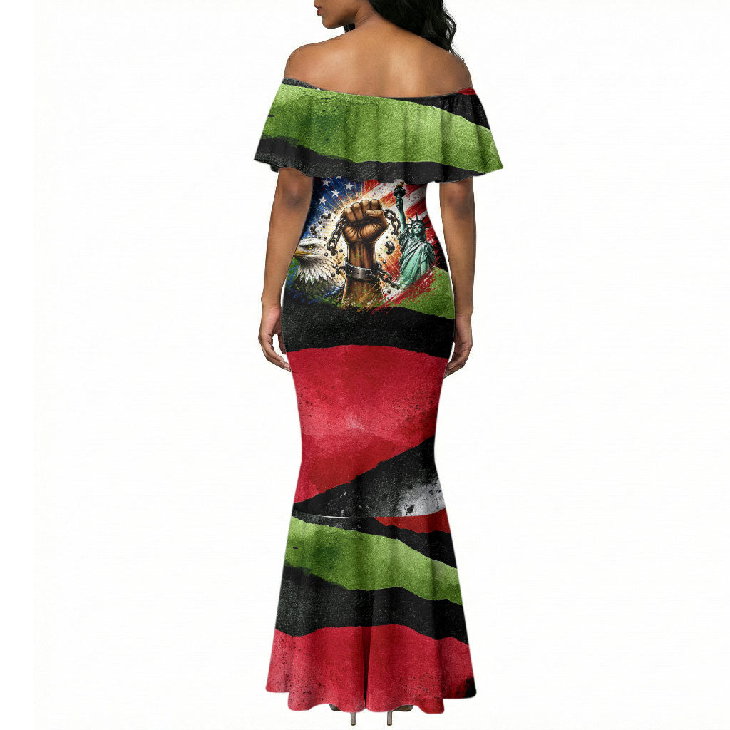 Happy 250th You Still Owe Us Black Pride Mermaid Dress Pan African Flag Broken Chains - Statue Of Liberty