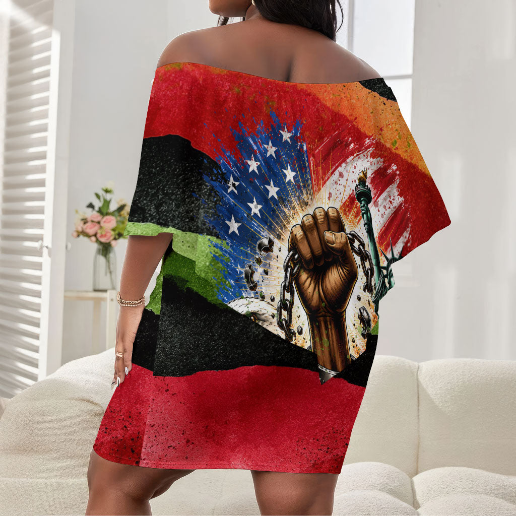 Happy 250th You Still Owe Us Black Pride Off Shoulder Short Dress Pan African Flag Broken Chains - Statue Of Liberty