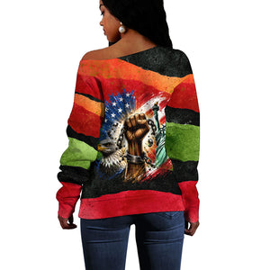 Happy 250th You Still Owe Us Black Pride Off Shoulder Sweater Pan African Flag Broken Chains - Statue Of Liberty