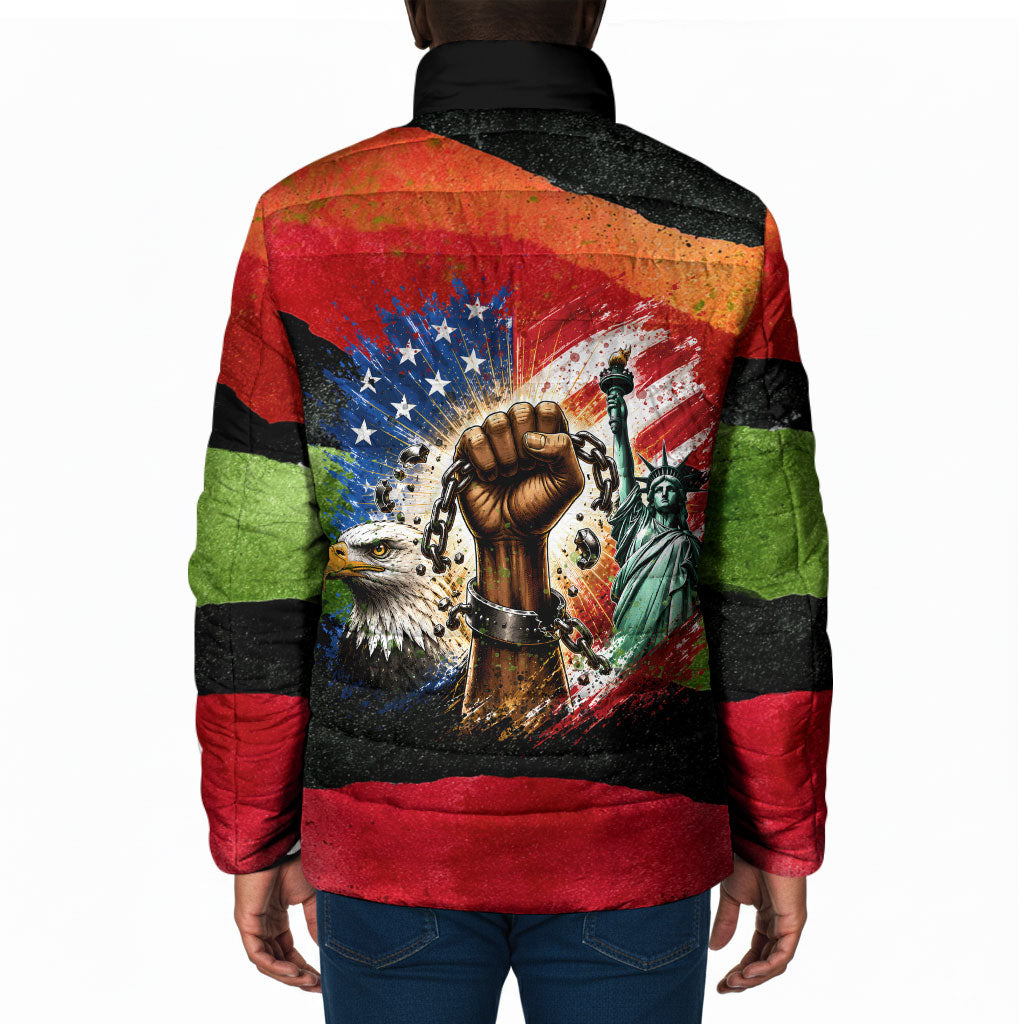Happy 250th You Still Owe Us Black Pride Padded Jacket Pan African Flag Broken Chains - Statue Of Liberty