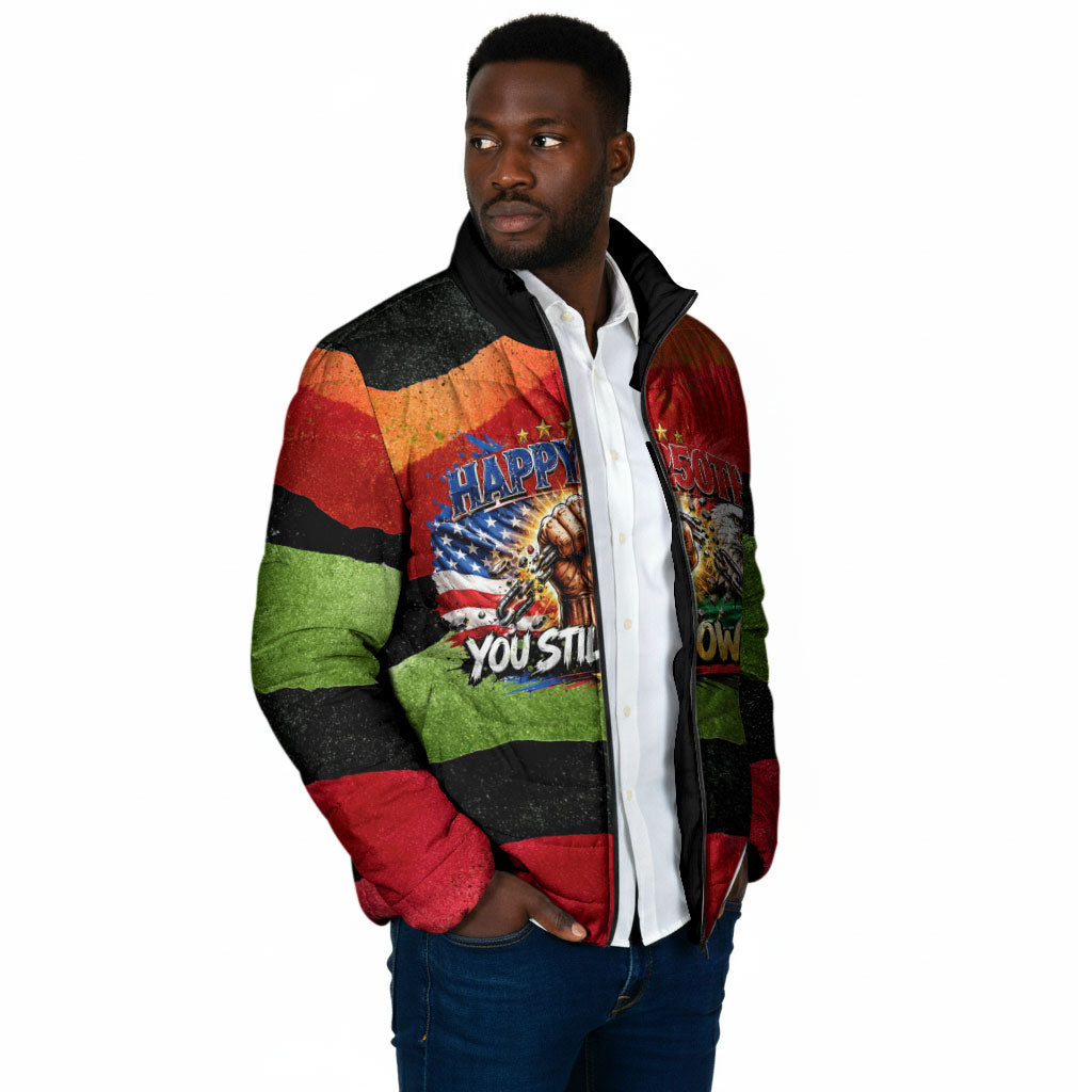 Happy 250th You Still Owe Us Black Pride Padded Jacket Pan African Flag Broken Chains - Statue Of Liberty