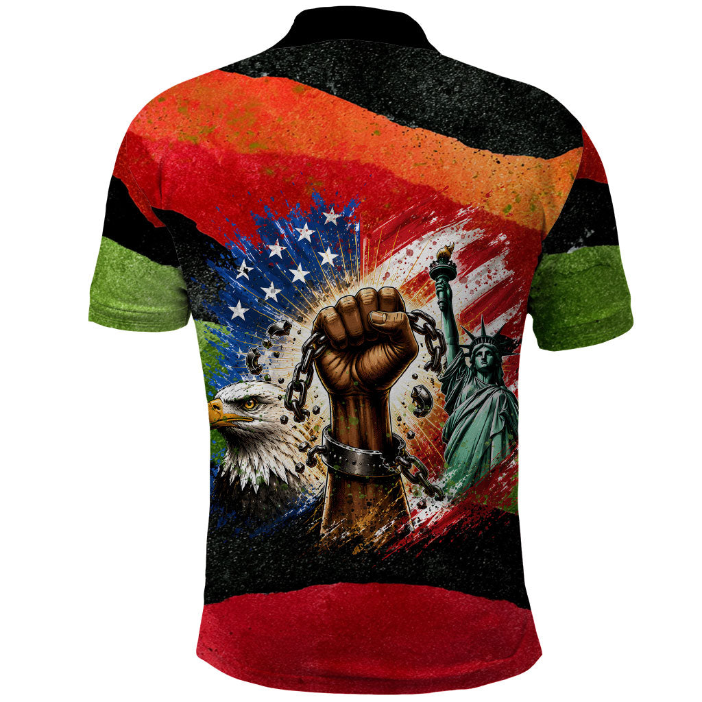 Happy 250th You Still Owe Us Black Pride Polo Shirt Pan African Flag Broken Chains - Statue Of Liberty
