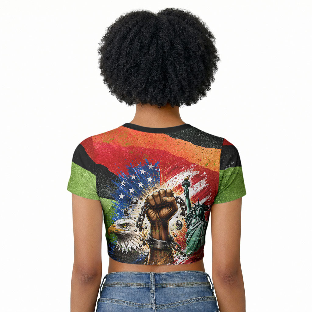 Happy 250th You Still Owe Us Black Pride Raglan Cropped T shirt Pan African Flag Broken Chains - Statue Of Liberty