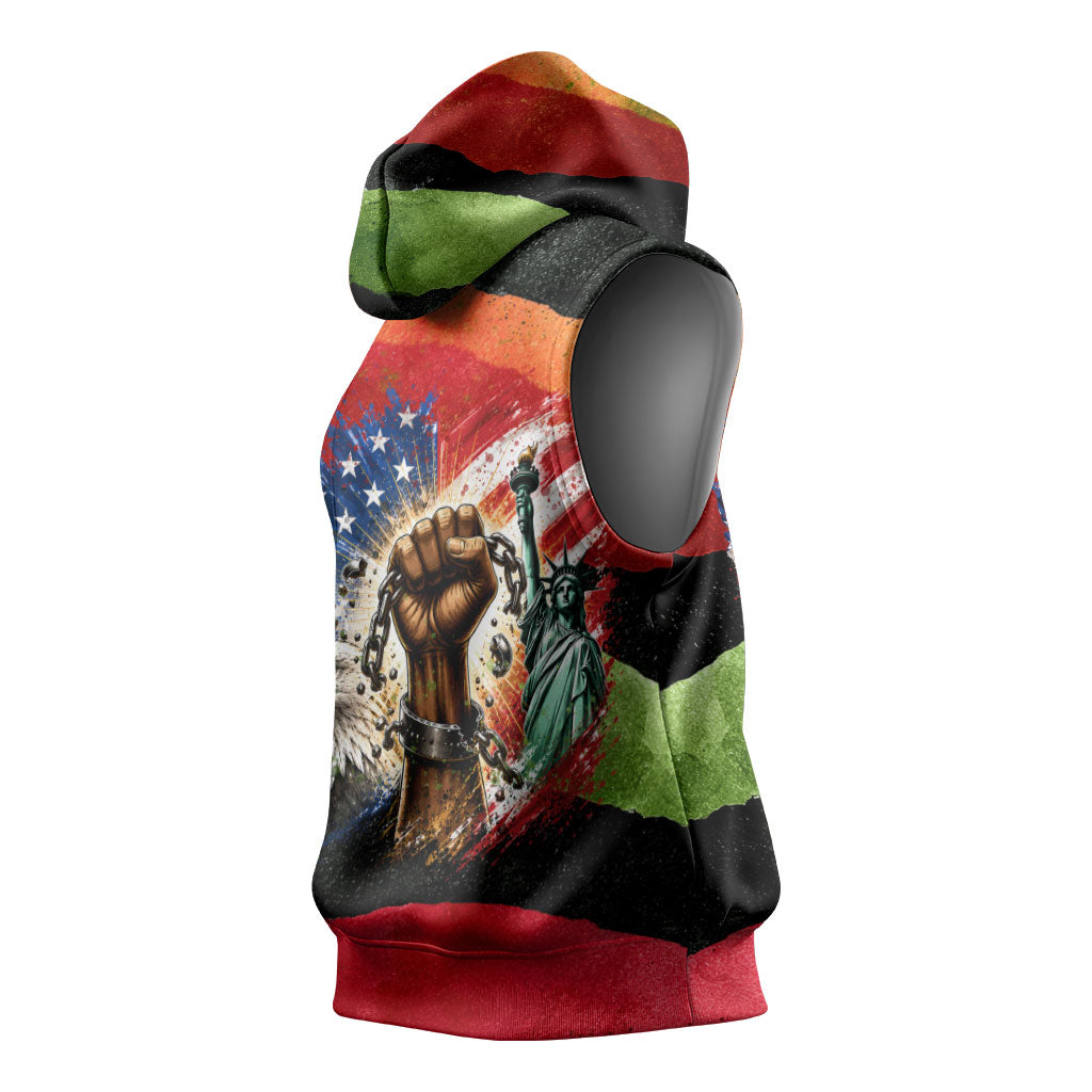 Happy 250th You Still Owe Us Black Pride Sleeveless Hoodie Pan African Flag Broken Chains - Statue Of Liberty