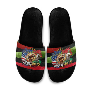 Happy 250th You Still Owe Us Black Pride Slide Sandals Pan African Flag Broken Chains - Statue Of Liberty