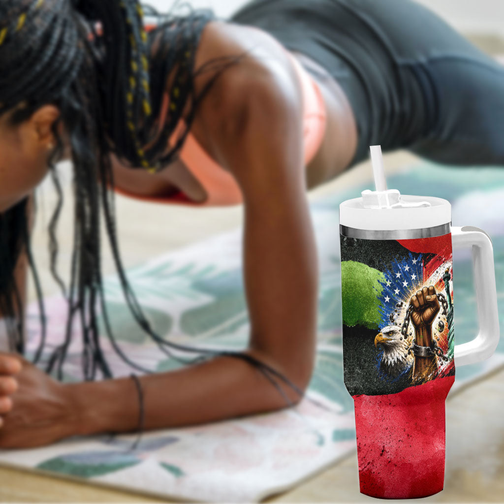 Happy 250th You Still Owe Us Black Pride Tumbler With Handle Pan African Flag Broken Chains - Statue Of Liberty
