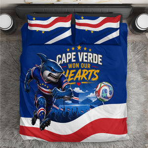 Cape Verde Won Our Hearts Soccer Bedding Set Blue Sharks Football Mascot Patriotic National Team